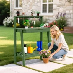 45.5 In. H X 34.8 In. W X 17.7 In. D Avocado Green HDPE Potting Bench Table, Multi-Purpose Plant And Storage Shelf -More Furniture Store avocado green jearey potting benches and tables jyyygzt nyg 31 1000