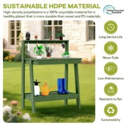 45.5 In. H X 34.8 In. W X 17.7 In. D Avocado Green HDPE Potting Bench Table, Multi-Purpose Plant And Storage Shelf -More Furniture Store avocado green jearey potting benches and tables jyyygzt nyg 44 1000
