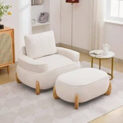 Modern Beige Velvet Accent Arm Chair With Ottoman