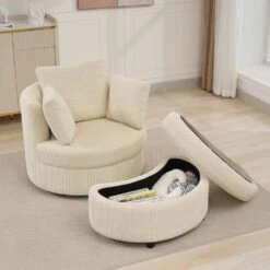 Modern Beige Corduroy Accent Armchair With Pillows And Storage Ottoman