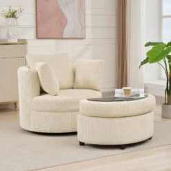 Modern Beige Corduroy Accent Armchair With Pillows And Storage Ottoman -More Furniture Store beige jearey accent chairs bywy beige 76 1000