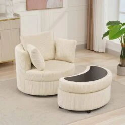 Modern Beige Corduroy Accent Armchair With Pillows And Storage Ottoman -More Furniture Store beige jearey accent chairs bywy beige c3 1000