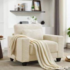 Modern Beige Corduroy Enlarged Seat Accent Armchair With Pillow For Living -More Furniture Store beige jearey accent chairs dxrjysfy beige 44 1000