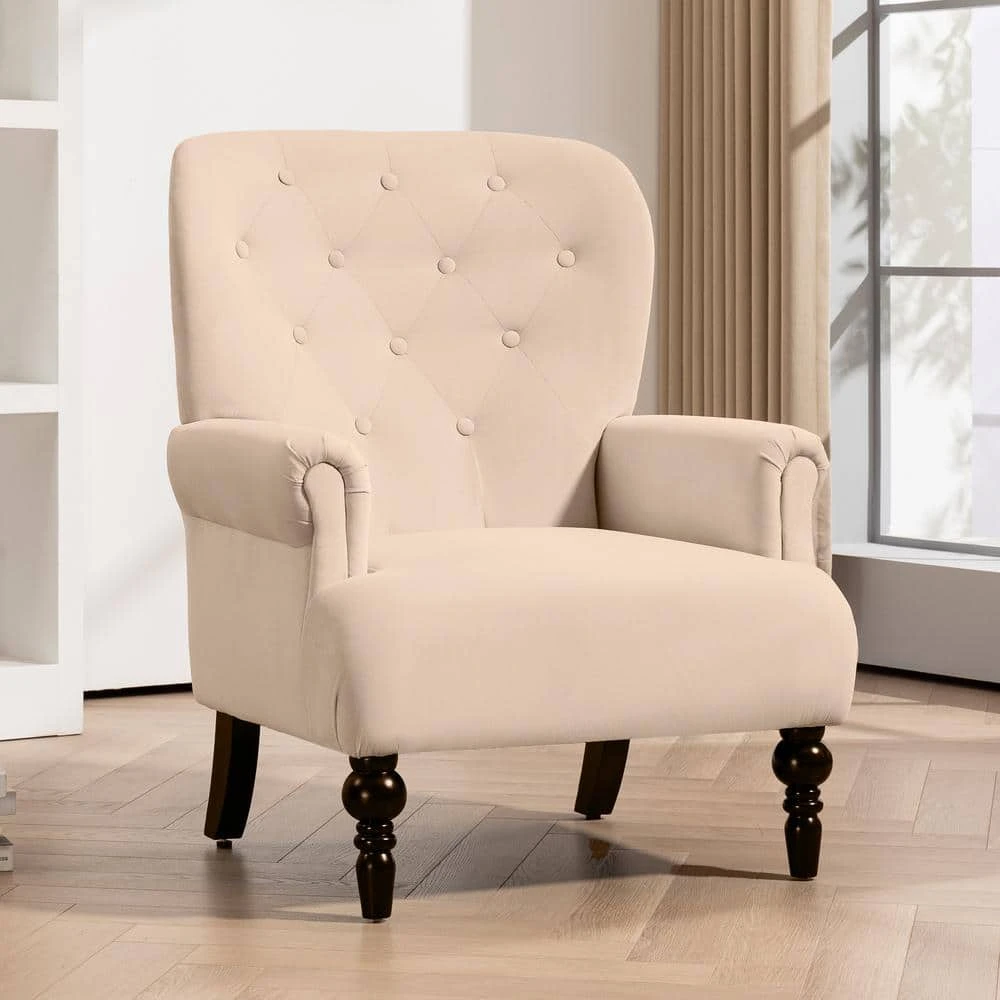 Lola Modern Upholstered Velvet Beige Accent Armchair With Extra Large Back And Wood Leg For Living Room Bedroom 1 Lola Modern Upholstered Velvet Beige Accent Armchair With Extra Large Back And Wood Leg For Living Room Bedroom
