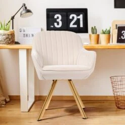 Modern Beige Brushed Velvet Swivel Accent Armchair With Metal Legs For Living