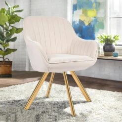 Modern Beige Brushed Velvet Swivel Accent Armchair With Metal Legs For Living -More Furniture Store beige jearey accent chairs e21zy hd bg 76 1000
