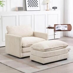 Modern Beige Corduroy Accent Armchair With Ottoman For Living