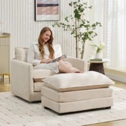 Modern Beige Corduroy Accent Armchair With Ottoman For Living -More Furniture Store beige jearey accent chairs e46sf 1 bg c3 1000