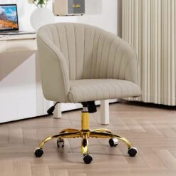 Modern Beige Velvet Height Adjustable Office Desk Chair With Upholstered Back For Home Office Bedroom Study -More Furniture Store beige jearey accent chairs kwhf beige 31 1000