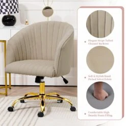 Modern Beige Velvet Height Adjustable Office Desk Chair With Upholstered Back For Home Office Bedroom Study -More Furniture Store beige jearey accent chairs kwhf beige 44 1000