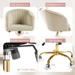 Modern Beige Velvet Height Adjustable Office Desk Chair With Upholstered Back For Home Office Bedroom Study -More Furniture Store beige jearey accent chairs kwhf beige 4f 1000