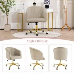 Modern Beige Velvet Height Adjustable Office Desk Chair With Upholstered Back For Home Office Bedroom Study -More Furniture Store beige jearey accent chairs kwhf beige c3 1000