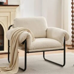 Moore Metal Beige Lambswool Soft Cushion Arm Chair For Bedroom And Living Room -More Furniture Store beige jearey accent chairs mejs beige 31 1000