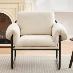 Moore Metal Beige Lambswool Soft Cushion Arm Chair For Bedroom And Living Room