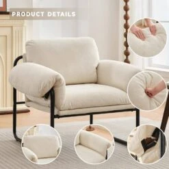 Moore Metal Beige Lambswool Soft Cushion Arm Chair For Bedroom And Living Room -More Furniture Store beige jearey accent chairs mejs beige c3 1000