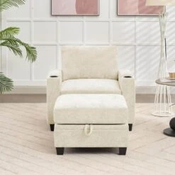 Modern Beige Chenille Storage Accent Armchair With Cup Holder And Ottoman For Living -More Furniture Store beige jearey accent chairs xnecw 1 beige 31 1000