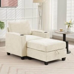 Modern Beige Chenille Storage Accent Armchair With Cup Holder And Ottoman For Living