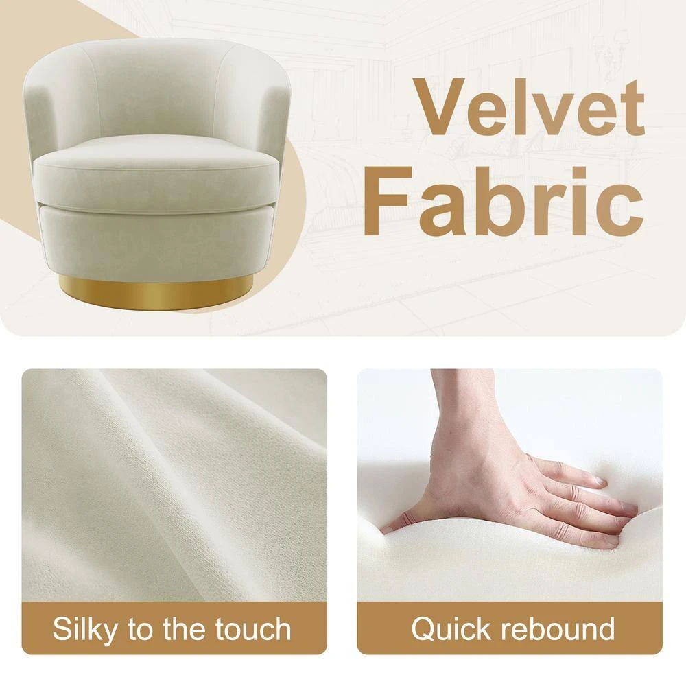 Nancy Modern 360° Swivel Beige Non-falling Velvet Fabric Barrel Accent Armchair For Bedroom Or Living Room 4 Nancy Modern 360° Swivel Beige Non-falling Velvet Fabric Barrel Accent Armchair For Bedroom Or Living Room - Image 4