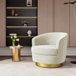 Nancy Modern 360° Swivel Beige Non-falling Velvet Fabric Barrel Accent Armchair For Bedroom Or Living Room