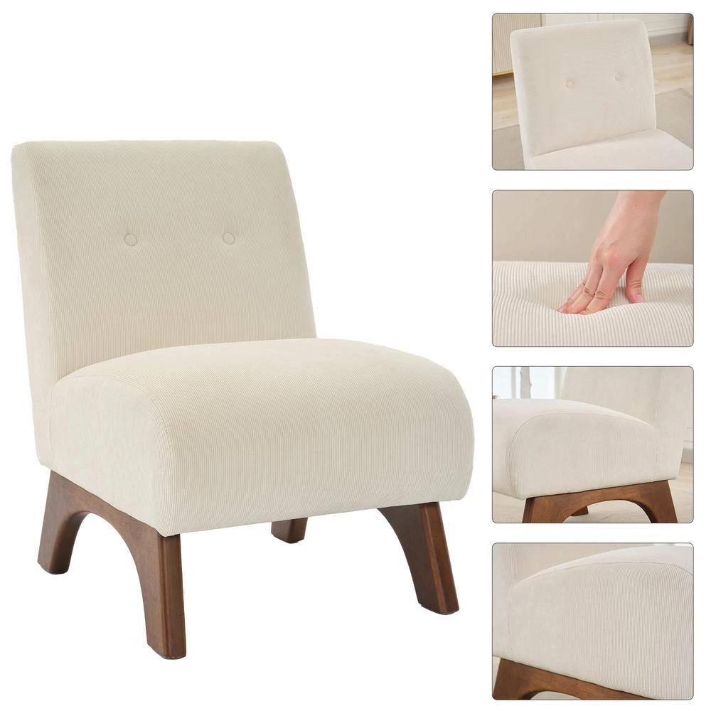 Modern Corduroy Solid Wood Beige Lounge Armless Chair 6 Modern Corduroy Solid Wood Beige Lounge Armless Chair - Image 6