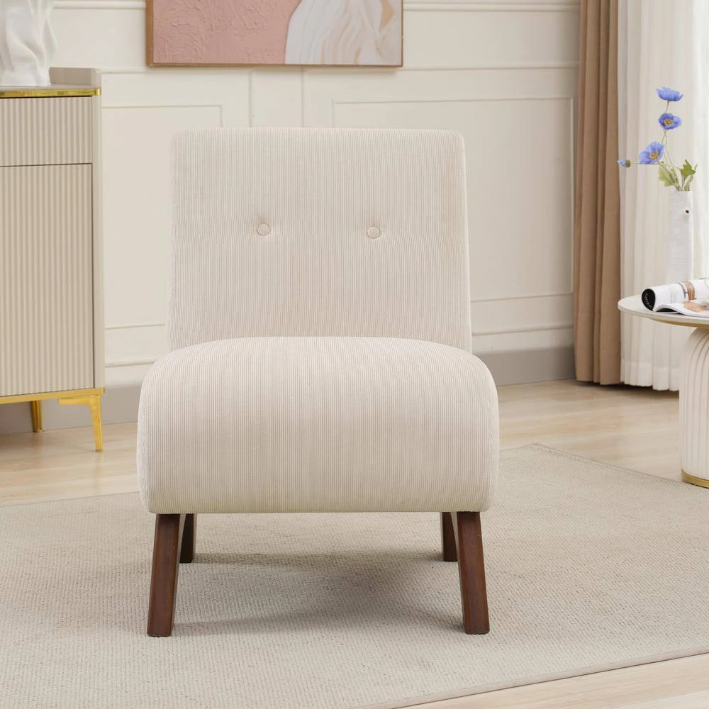 Modern Corduroy Solid Wood Beige Lounge Armless Chair 4 Modern Corduroy Solid Wood Beige Lounge Armless Chair - Image 4