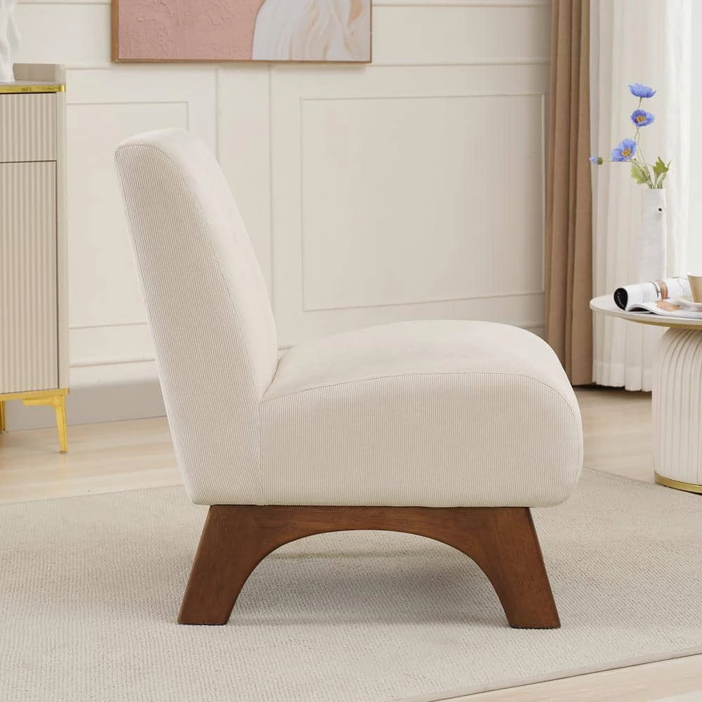 Modern Corduroy Solid Wood Beige Lounge Armless Chair 3 Modern Corduroy Solid Wood Beige Lounge Armless Chair - Image 3