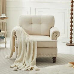 Modern Beige Chenille Upholstered Nailhead Trim Accent Arm Chair For Living Room -More Furniture Store beige jearey accent chairs xtld beige 1f 1000
