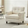 Modern Beige Chenille Upholstered Nailhead Trim Accent Arm Chair For Living Room