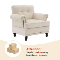 Modern Beige Chenille Upholstered Nailhead Trim Accent Arm Chair For Living Room -More Furniture Store beige jearey accent chairs xtld beige fa 1000
