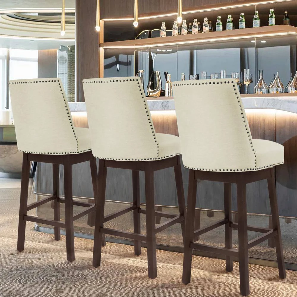 29.53 In Back Swivel Velvet Beige Bar Stool With Rubber Wood Frame (Set Of 2) 6 29.53 In Back Swivel Velvet Beige Bar Stool With Rubber Wood Frame (Set Of 2) - Image 6