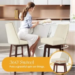 29.53 In Back Swivel Velvet Beige Bar Stool With Rubber Wood Frame (Set Of 2) 9 29.53 In Back Swivel Velvet Beige Bar Stool With Rubber Wood Frame (Set Of 2) -More Furniture Store beige jearey bar stools e22gby hd bg 4f 1000