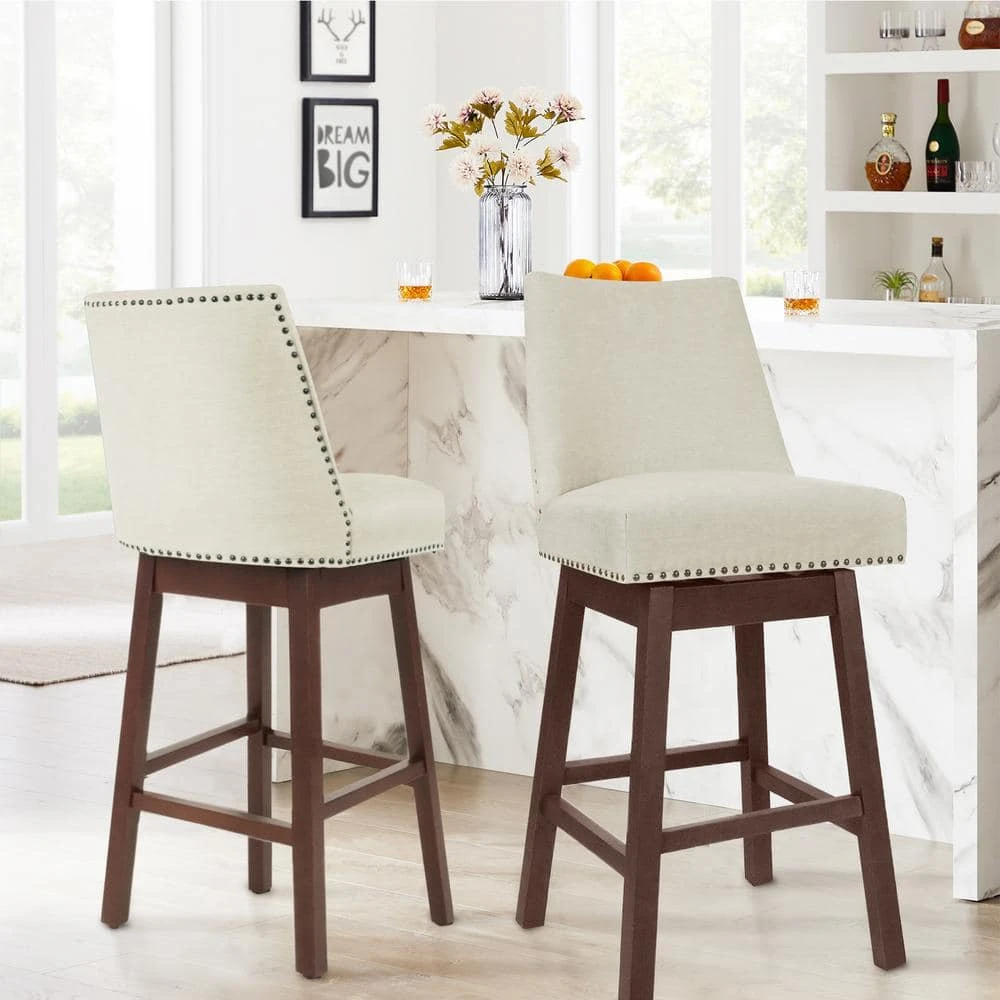 29.53 In Back Swivel Velvet Beige Bar Stool With Rubber Wood Frame (Set Of 2) 1 29.53 In Back Swivel Velvet Beige Bar Stool With Rubber Wood Frame (Set Of 2)