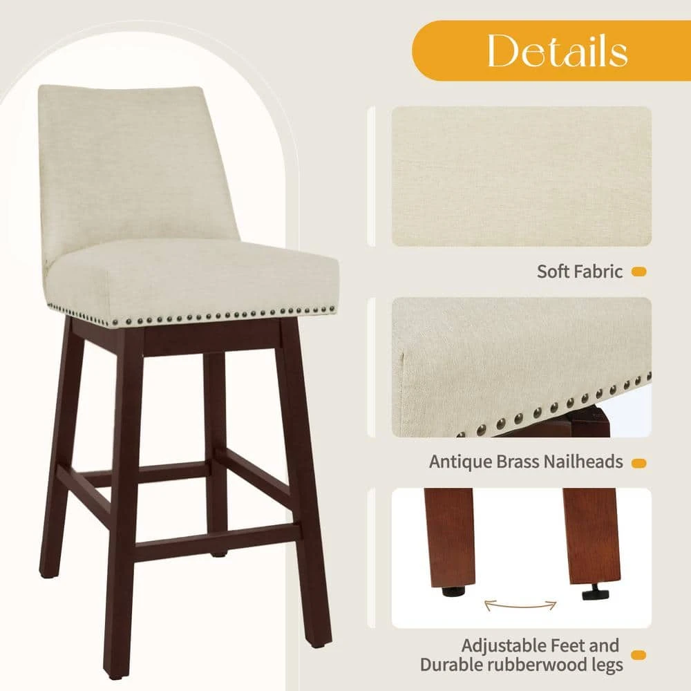 29.53 In Back Swivel Velvet Beige Bar Stool With Rubber Wood Frame (Set Of 2) 3 29.53 In Back Swivel Velvet Beige Bar Stool With Rubber Wood Frame (Set Of 2) - Image 3