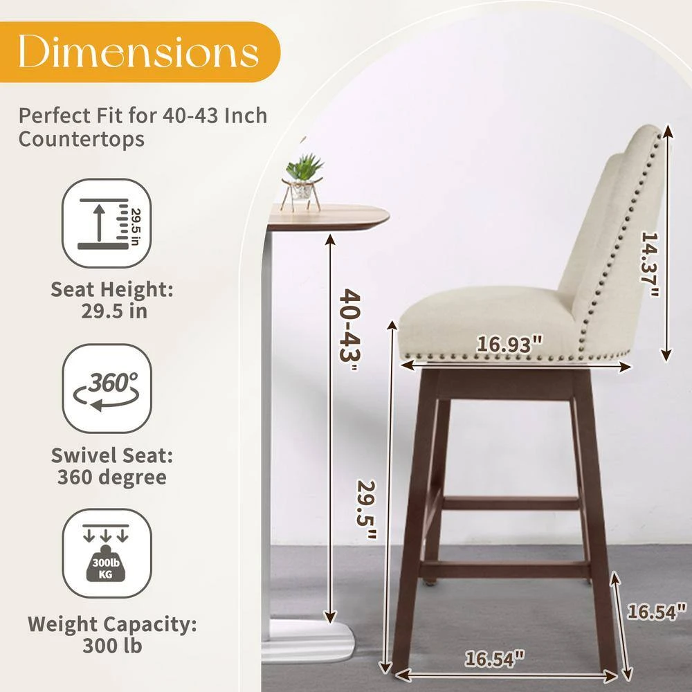 29.53 In Back Swivel Velvet Beige Bar Stool With Rubber Wood Frame (Set Of 2) 2 29.53 In Back Swivel Velvet Beige Bar Stool With Rubber Wood Frame (Set Of 2) - Image 2