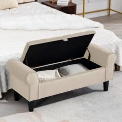 48.43 In. W X 17.72 In. D X 19.29 In. H Beige Tufted Brushed Velvet Armed Storage Bedroom Bench With Rubberwood Legs 17 48.43 In. W X 17.72 In. D X 19.29 In. H Beige Tufted Brushed Velvet Armed Storage Bedroom Bench With Rubberwood Legs -More Furniture Store beige jearey bedroom benches e92cwd hd bg 31 1000