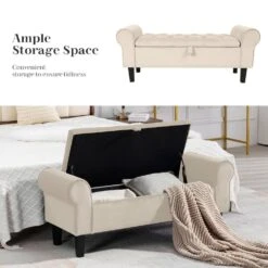 48.43 In. W X 17.72 In. D X 19.29 In. H Beige Tufted Brushed Velvet Armed Storage Bedroom Bench With Rubberwood Legs 15 48.43 In. W X 17.72 In. D X 19.29 In. H Beige Tufted Brushed Velvet Armed Storage Bedroom Bench With Rubberwood Legs -More Furniture Store beige jearey bedroom benches e92cwd hd bg 44 1000