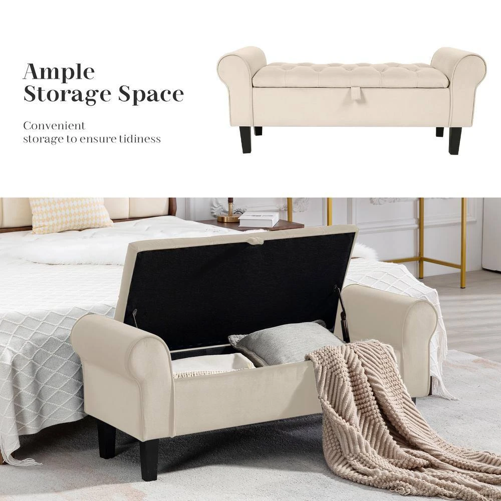 48.43 In. W X 17.72 In. D X 19.29 In. H Beige Tufted Brushed Velvet Armed Storage Bedroom Bench With Rubberwood Legs 7 48.43 In. W X 17.72 In. D X 19.29 In. H Beige Tufted Brushed Velvet Armed Storage Bedroom Bench With Rubberwood Legs - Image 7
