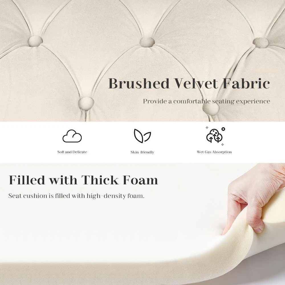 48.43 In. W X 17.72 In. D X 19.29 In. H Beige Tufted Brushed Velvet Armed Storage Bedroom Bench With Rubberwood Legs 5 48.43 In. W X 17.72 In. D X 19.29 In. H Beige Tufted Brushed Velvet Armed Storage Bedroom Bench With Rubberwood Legs - Image 5