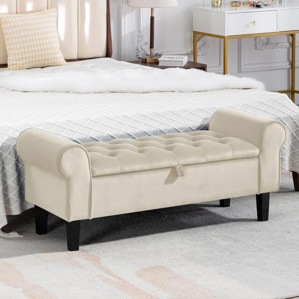 48.43 In. W X 17.72 In. D X 19.29 In. H Beige Tufted Brushed Velvet Armed Storage Bedroom Bench With Rubberwood Legs 1 48.43 In. W X 17.72 In. D X 19.29 In. H Beige Tufted Brushed Velvet Armed Storage Bedroom Bench With Rubberwood Legs