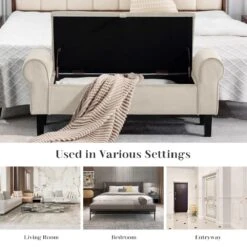 48.43 In. W X 17.72 In. D X 19.29 In. H Beige Tufted Brushed Velvet Armed Storage Bedroom Bench With Rubberwood Legs 12 48.43 In. W X 17.72 In. D X 19.29 In. H Beige Tufted Brushed Velvet Armed Storage Bedroom Bench With Rubberwood Legs -More Furniture Store beige jearey bedroom benches e92cwd hd bg c3 1000