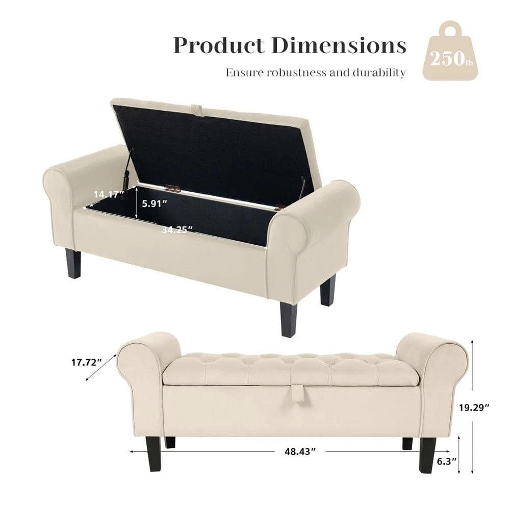 48.43 In. W X 17.72 In. D X 19.29 In. H Beige Tufted Brushed Velvet Armed Storage Bedroom Bench With Rubberwood Legs 2 48.43 In. W X 17.72 In. D X 19.29 In. H Beige Tufted Brushed Velvet Armed Storage Bedroom Bench With Rubberwood Legs - Image 2
