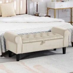 48.43 In. W X 17.72 In. D X 19.29 In. H Beige Tufted Brushed Velvet Armed Storage Bedroom Bench With Rubberwood Legs 16 48.43 In. W X 17.72 In. D X 19.29 In. H Beige Tufted Brushed Velvet Armed Storage Bedroom Bench With Rubberwood Legs -More Furniture Store beige jearey bedroom benches e92cwd hd bg fa 1000