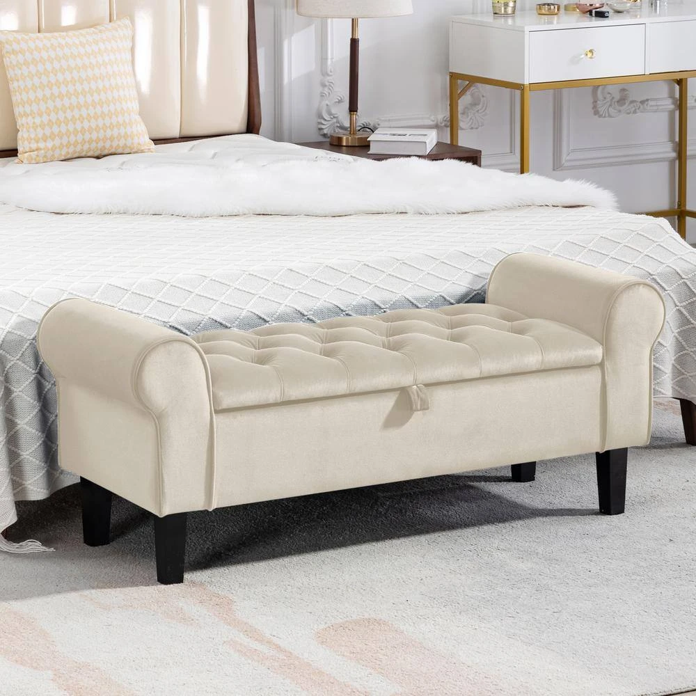 48.43 In. W X 17.72 In. D X 19.29 In. H Beige Tufted Brushed Velvet Armed Storage Bedroom Bench With Rubberwood Legs 8 48.43 In. W X 17.72 In. D X 19.29 In. H Beige Tufted Brushed Velvet Armed Storage Bedroom Bench With Rubberwood Legs - Image 8