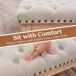 Beige Linen Upholstered Storage Nailhead Trim Bedroom Bench With Solid Wood Legs -More Furniture Store beige jearey bedroom benches slswy blue 1f 1000