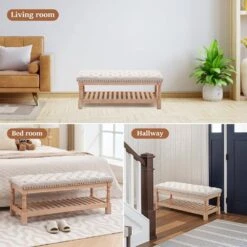 Beige Linen Upholstered Storage Nailhead Trim Bedroom Bench With Solid Wood Legs -More Furniture Store beige jearey bedroom benches slswy blue 31 1000
