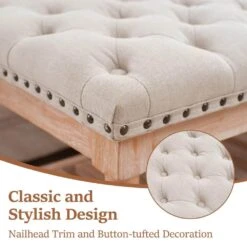 Beige Linen Upholstered Storage Nailhead Trim Bedroom Bench With Solid Wood Legs -More Furniture Store beige jearey bedroom benches slswy blue 4f 1000