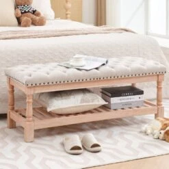 Beige Linen Upholstered Storage Nailhead Trim Bedroom Bench With Solid Wood Legs