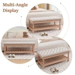 Beige Linen Upholstered Storage Nailhead Trim Bedroom Bench With Solid Wood Legs -More Furniture Store beige jearey bedroom benches slswy blue c3 1000