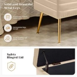 Velvet Beige Storage Ottoman Entryway Bench With Gold Base And Diamond Tufted Design For Living Room -More Furniture Store beige jearey bedroom benches ykcw beige 1f 1000
