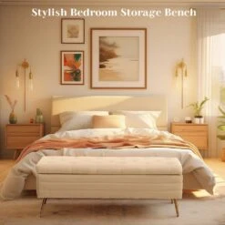 Velvet Beige Storage Ottoman Entryway Bench With Gold Base And Diamond Tufted Design For Living Room -More Furniture Store beige jearey bedroom benches ykcw beige 31 1000